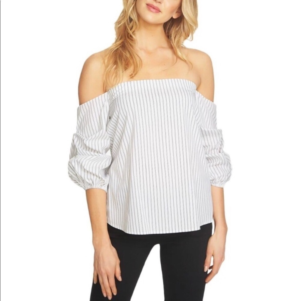 1. State off shoulder ruched sleeve stripe top